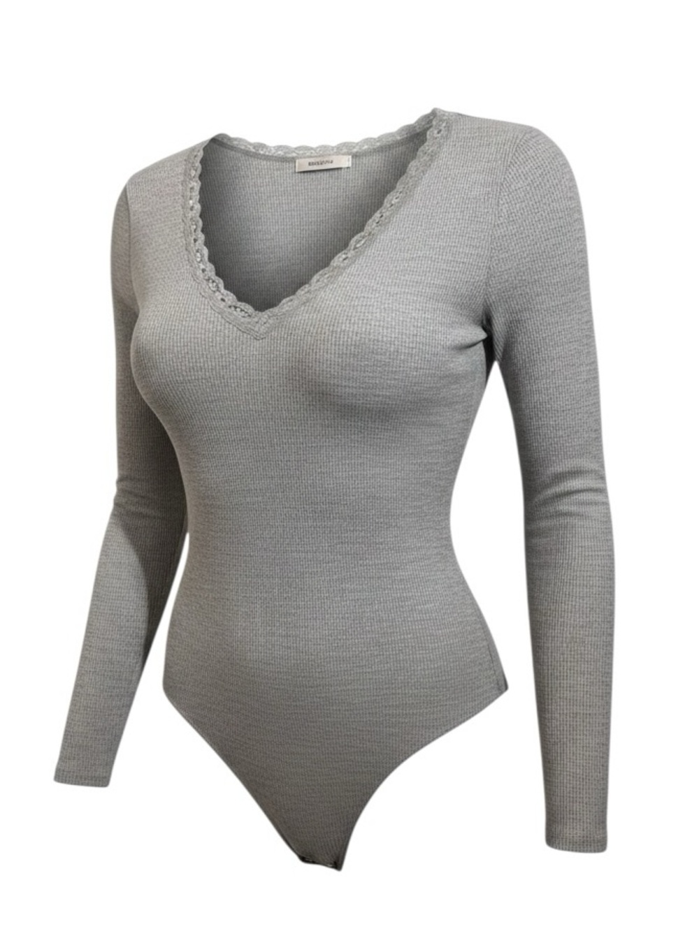 American Eagle Gray Waffle Knit Lace Trim Long Sleeve Bodysuit - Size XL